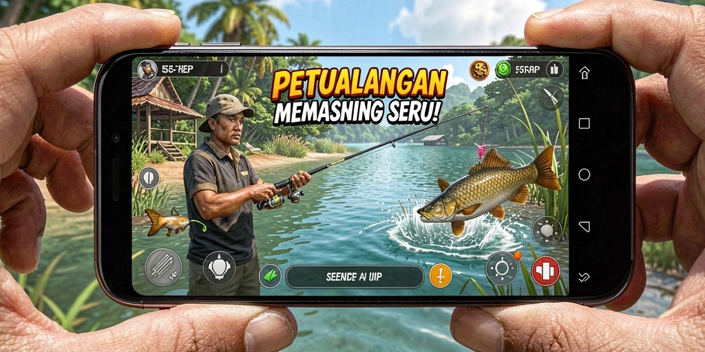 Tampilan gameplay <strong>55RP</strong> saat memancing di lokasi indah.