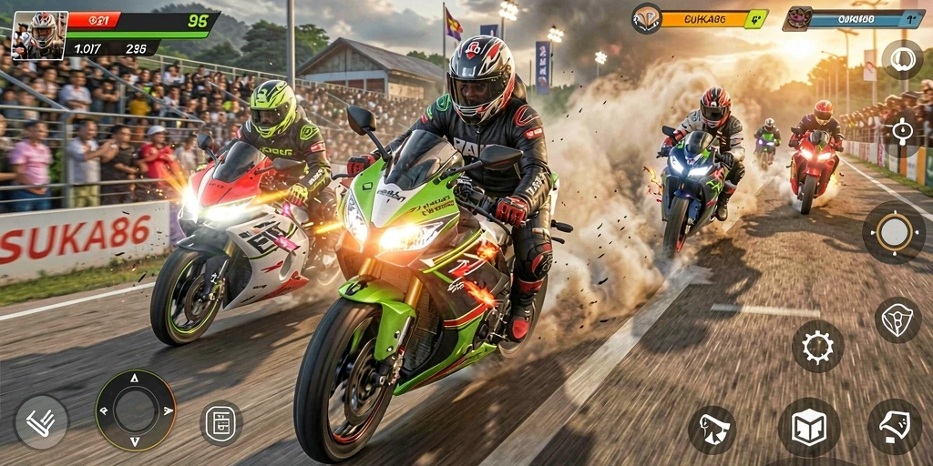 Tampilan gameplay balapan motor yang seru dan penuh aksi.
