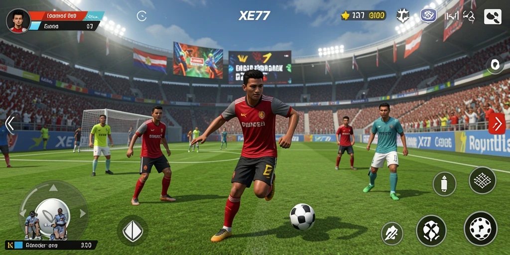 Tampilan gameplay XE77 yang menampilkan aksi olahraga yang mendebarkan.